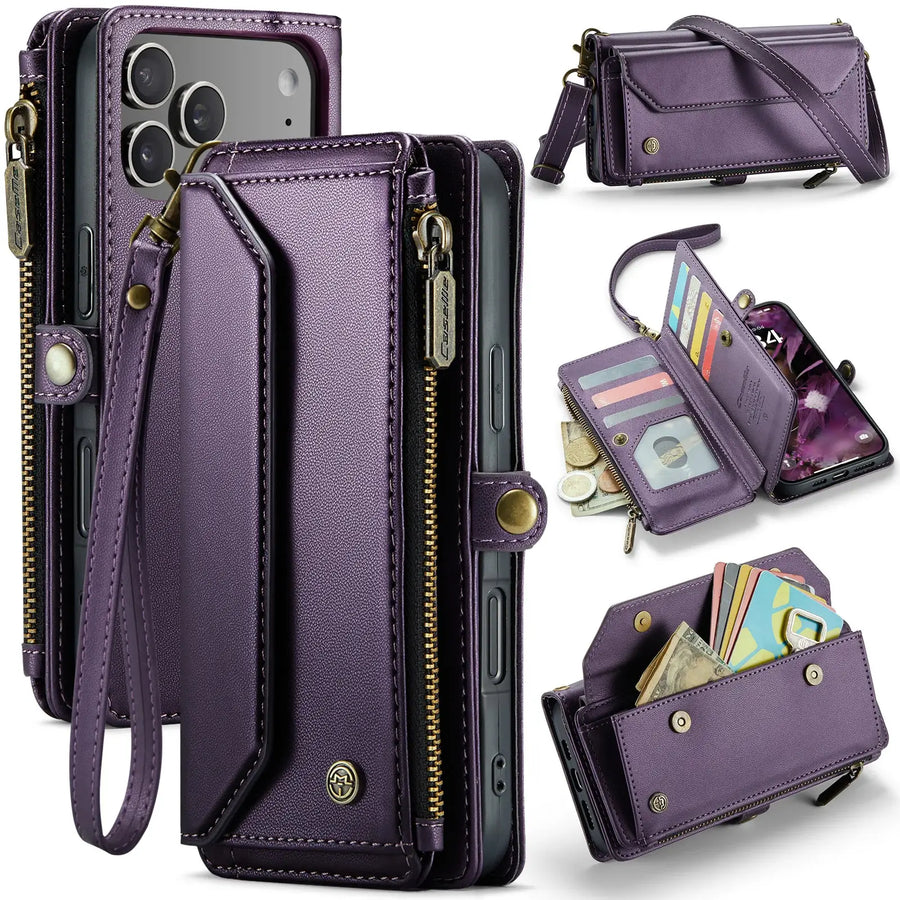 Buy Zipper Wallet Phone Case, RFID Blocking, Leather, Card Slots, for iPhone, Aurora at Caseles-iPhone 17 Pro Max, Aurora-Purple