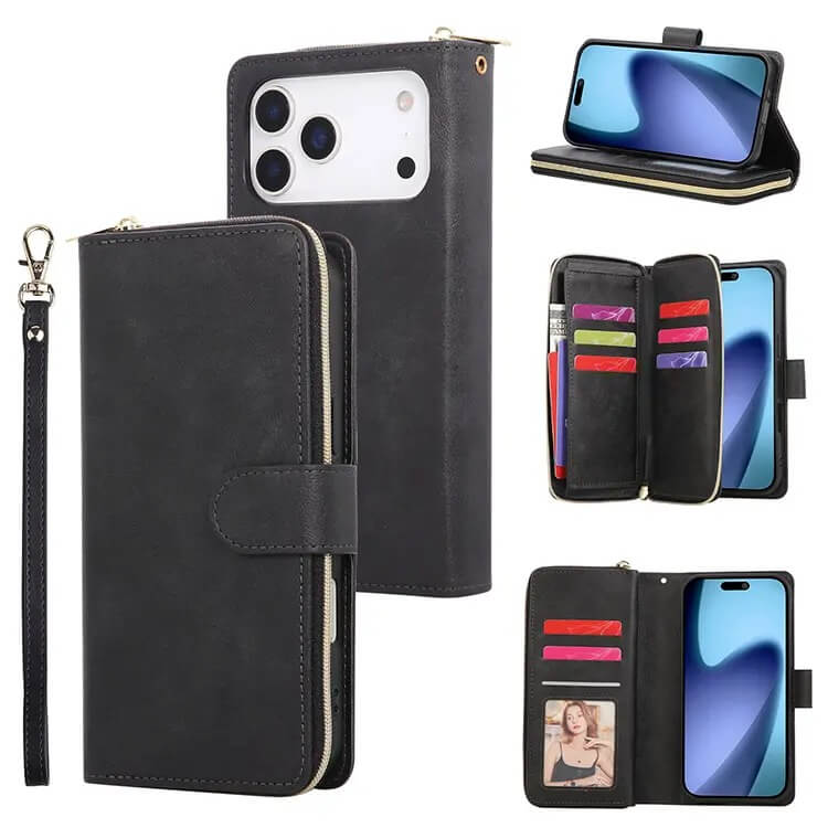Buy Classic Wallet Phone Case, 9 Card Slots, Premium Leather, Credit Card Holder, Shockproof Case , BALDER at Caseles-iPhone 17 Pro Max, Balder-Black