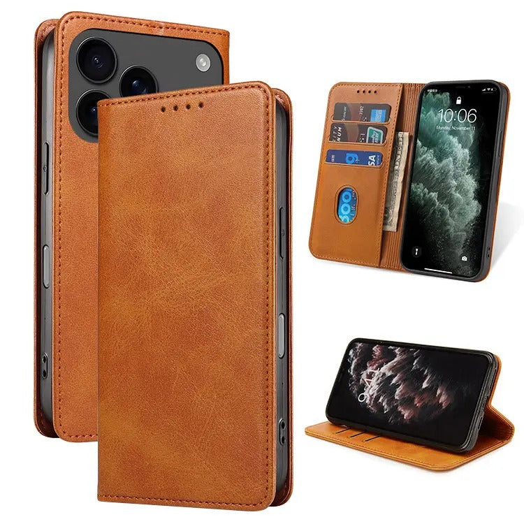 Buy Magnetic Folio Wallet Phone Case, Premium Leather, Credit Card Holder, Magnetic Closure, Flip Kickstand Shockproof Case, Barnaby at Caseles-iPhone 17 Pro Max, Barnaby-Brown