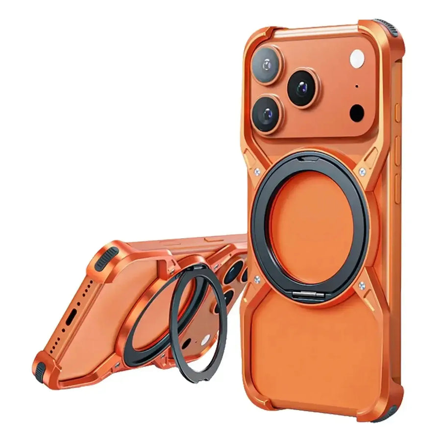 Buy Premium Aluminum Frameless Bumper Case Compatible with iPhone,Cool Design Luxury Metal Shockproof Anti-Scratch Slim Borderless case with Kickstand Magnetic Holder,bumper at Caseles-iPhone 17 Pro Max, Orange