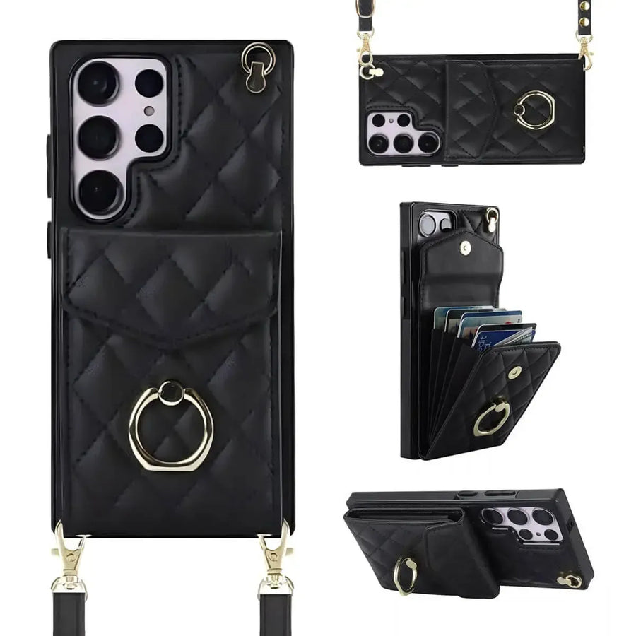 Buy Crossbody Wallet Phone Case, 360 Rotation Ring Holder, Card Slots & Detachable Wrist Strap, RFID Blocking, Kickstand, Shockproof Cover,HAILEY at Caseles-Samsung Galaxy S24 Ultra, Harley-Black