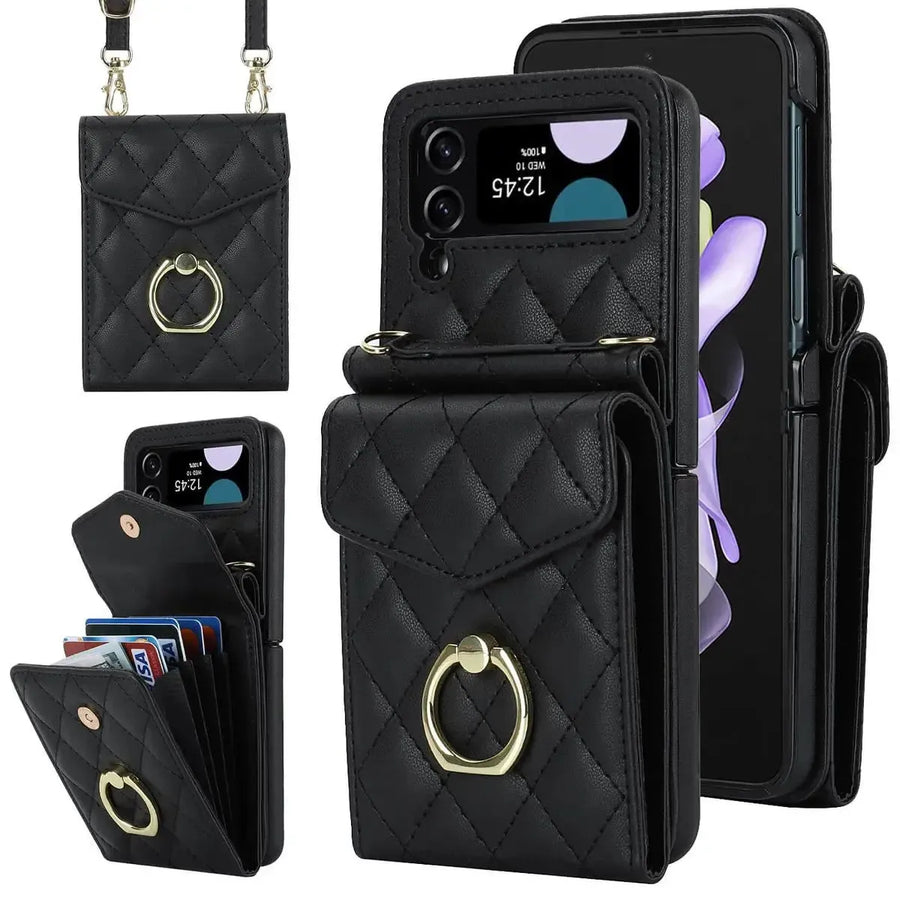Buy Crossbody Wallet Phone Case, 360 Rotation Ring Holder, Card Slots & Detachable Wrist Strap, RFID Blocking, Kickstand, Shockproof Cover,HATTIE at Caseles-Samsung Galaxy Z Fold 6, Black
