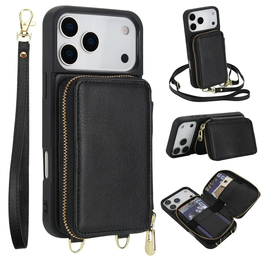Buy Classic Crossbody Wallet Phone Case, Premium Leather, Credit Card Holder, Zipper Pocket Purse Handbag, Kickstand Shockproof Case - MIREYA at Caseles-iPhone 17 Pro Max, Mireya-Black