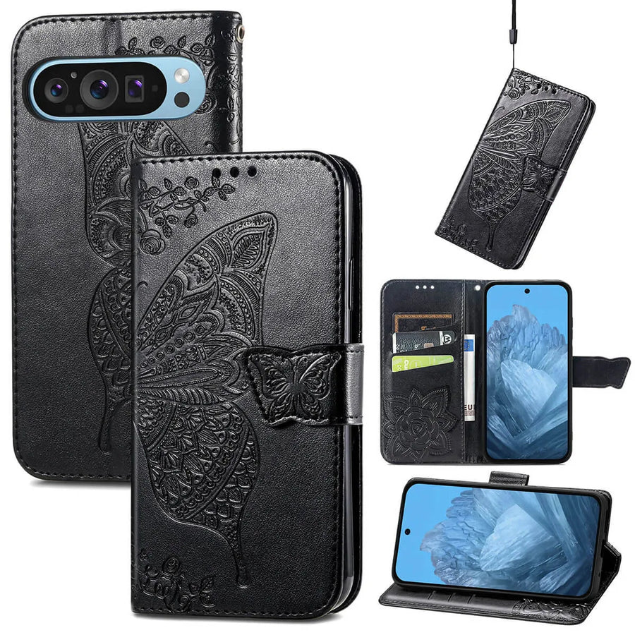 Buy Wallet Case for Google Pixel, Leather Flip Cover with Card Slots, Wrist Strap, Butterfly Embossed Design, Stand Feature for Women - Piper at Caseles-Google Pixel 10 Pro XL, Black