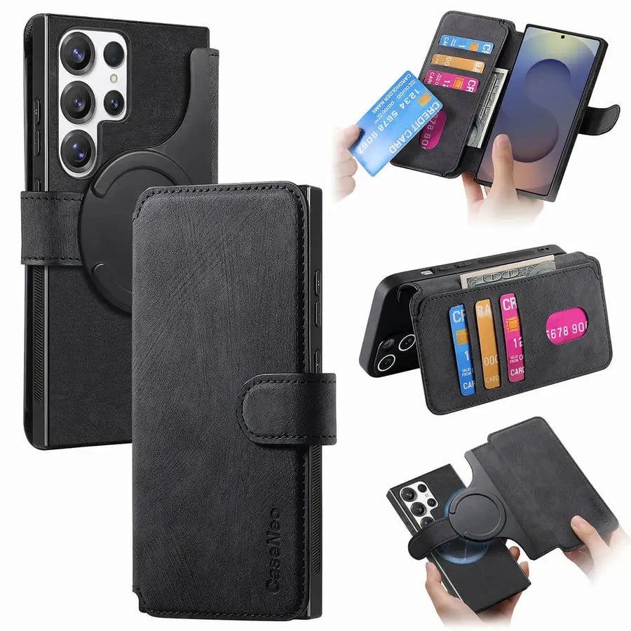 Buy Retro Magnetic Wallet Case, Support Magsafe, Detachable 2in1 Folio Flip Cover, with Card Slots - Stanley at Caseles-Samsung Galaxy A55 5G, Black