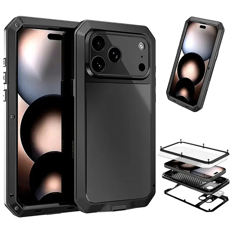 Buy Classic Full Body Metal Armor Phone Case, with Screen Protector, Heavy Duty Defender Shockproof Case - TADDEO at Caseles-iPhone 17 Pro Max, Taddeo-Black