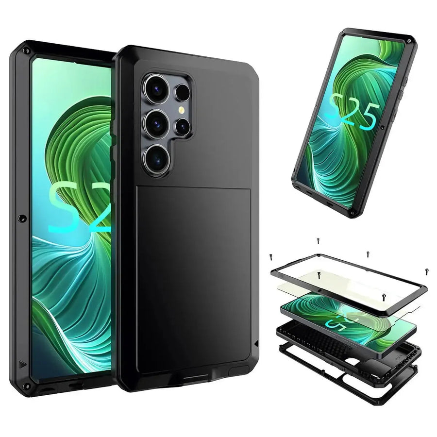 Buy Classic Full Body Metal Armor Phone Case, with Screen Protector, Heavy Duty Defender Shockproof Case - TRAVIS at Caseles-Samsung Galaxy S25 Ultra, Taddeo-Black