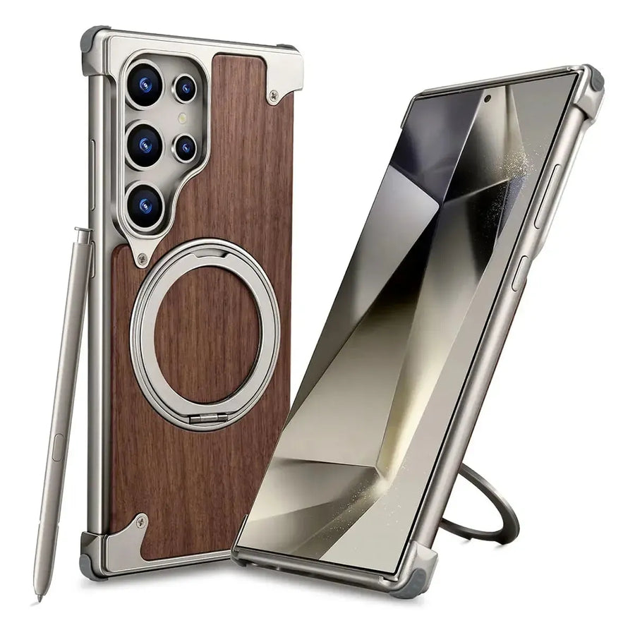 Buy Magnetic Wood Case Compatible For Samsung Galaxy Phone, Natural Wood & Aluminum Shockproof Protective Cover Unique Wooden Case with 360° Ring Stand, Natural Titanium - Wylder at Caseles-Samsung Galaxy S25 Ultra, Silver