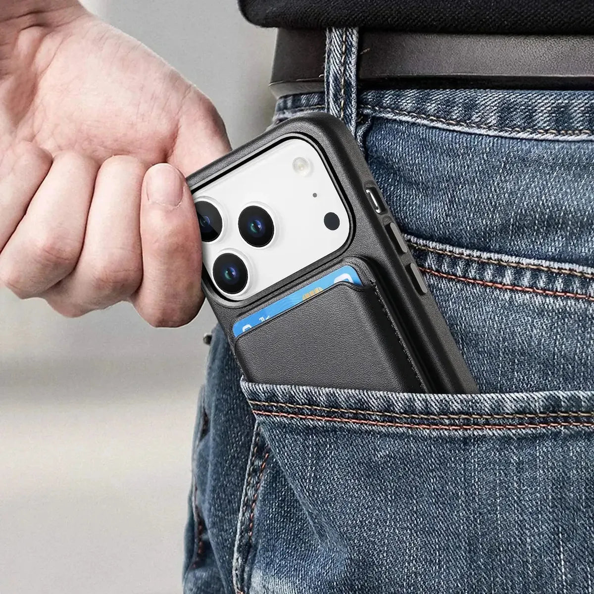 Caseles Full-Grain Leather iPhone Case with Card Holder, MagSafe Ready, Metal Buttons & Camera Bump Frame,Adrian at Caseles-iPhone 17 Pro Max, Black