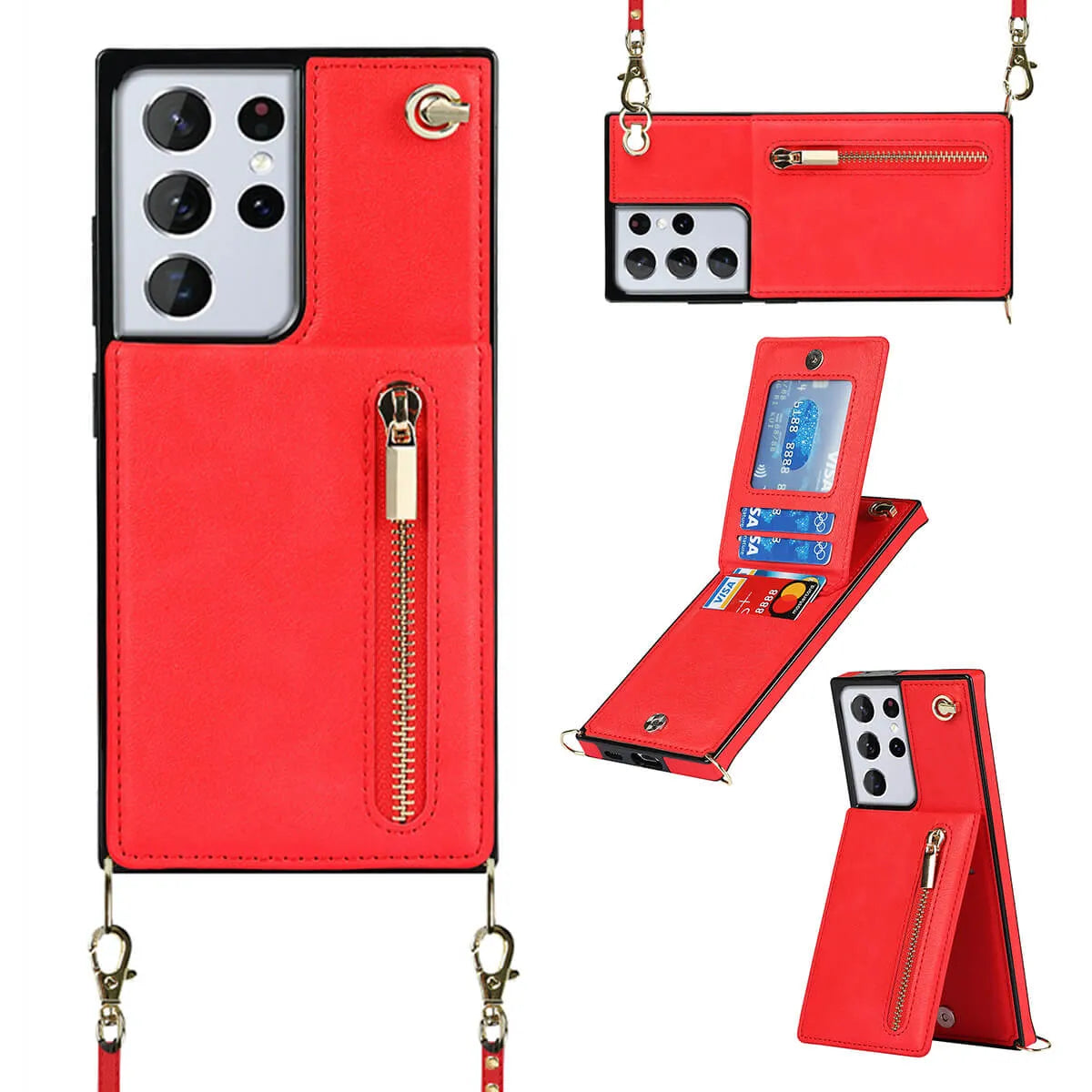 Buy Crossbody Wallet Phone Case, 5 Card Slots, Premium Leather, Kickstand Shockproof Case, Alima at Caseles-Samsung Galaxy S25 Ultra, Alima-Red