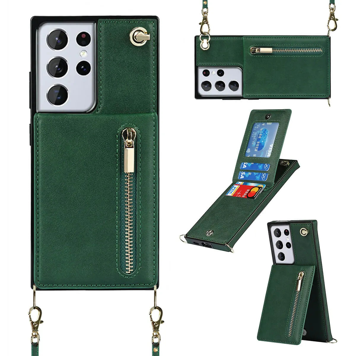 Buy Crossbody Wallet Phone Case, 5 Card Slots, Premium Leather, Kickstand Shockproof Case, Alima at Caseles-Samsung Galaxy S25 Ultra, Alina-Green