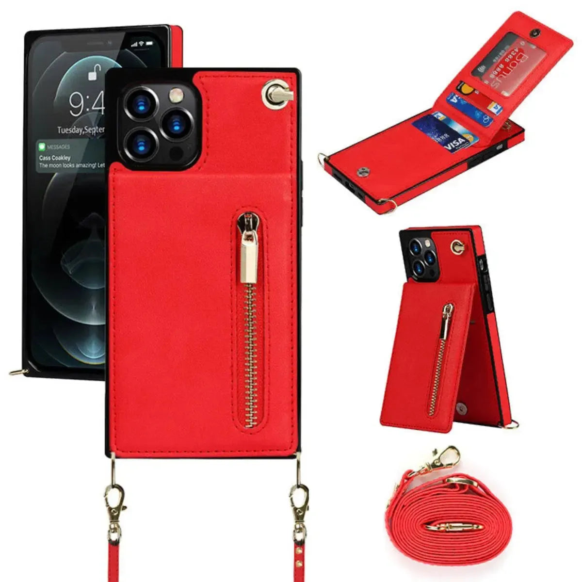 Buy Crossbody Wallet Phone Case, 5 Card Slots, Premium Leather, Kickstand Shockproof Case, Alima at Caseles-iPhone 16 Pro Max, Alima-Red