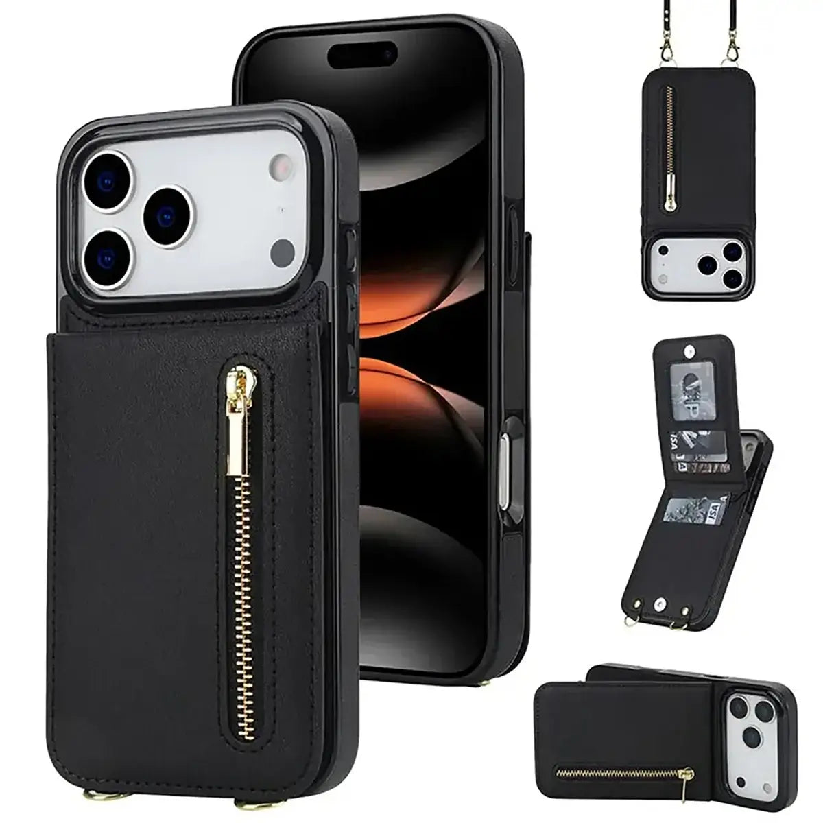 Buy Crossbody Wallet Phone Case, 5 Card Slots, Premium Leather, Kickstand Shockproof Case, Alina at Caseles-iPhone 17 Pro Max, Alina-Black