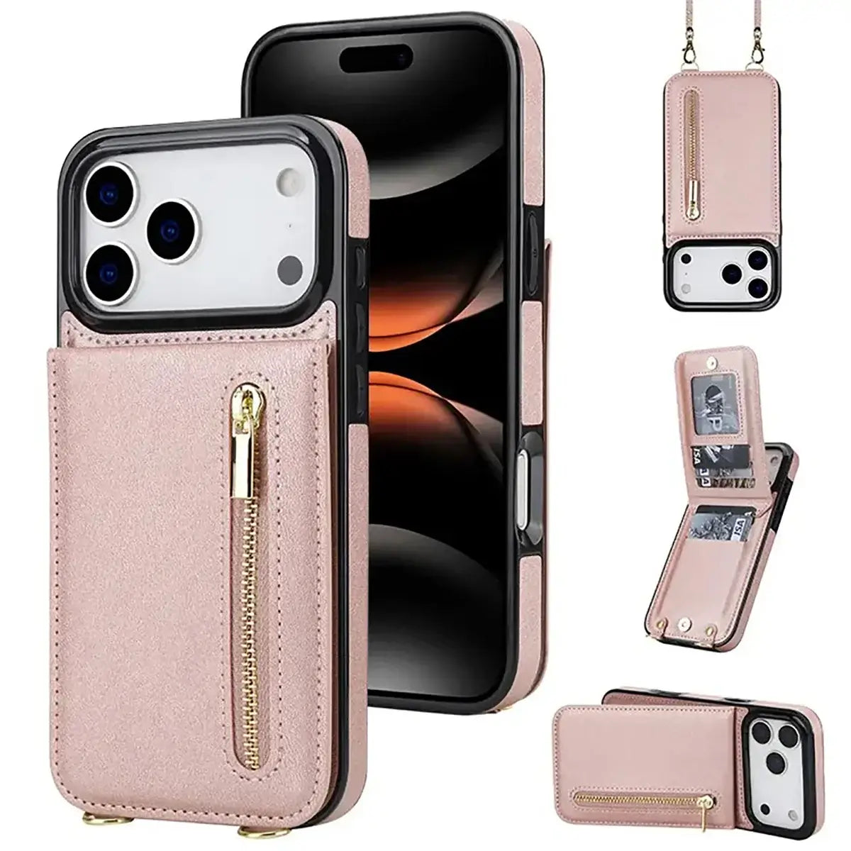 Buy Crossbody Wallet Phone Case, 5 Card Slots, Premium Leather, Kickstand Shockproof Case, Alina at Caseles-iPhone 17 Pro Max, Alina-Pink