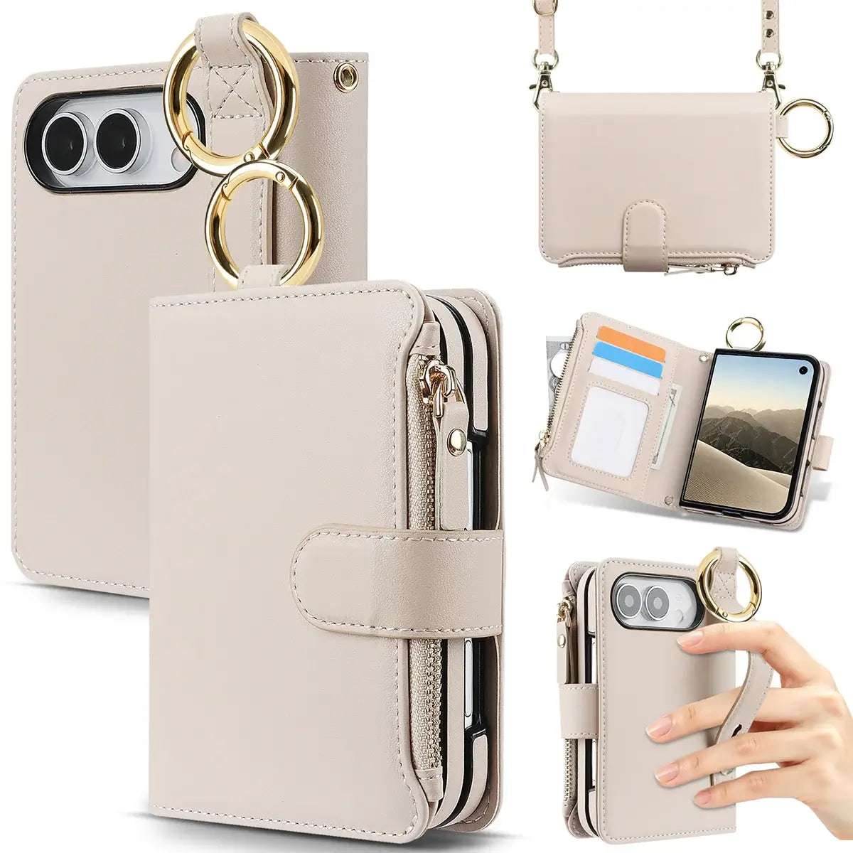 Buy Crossbody Wallet Case with Card Slots, Zipper Pocket & RFID Protection for iPhone Duo - CALLA at Caseles-iPhone Duo, Beige