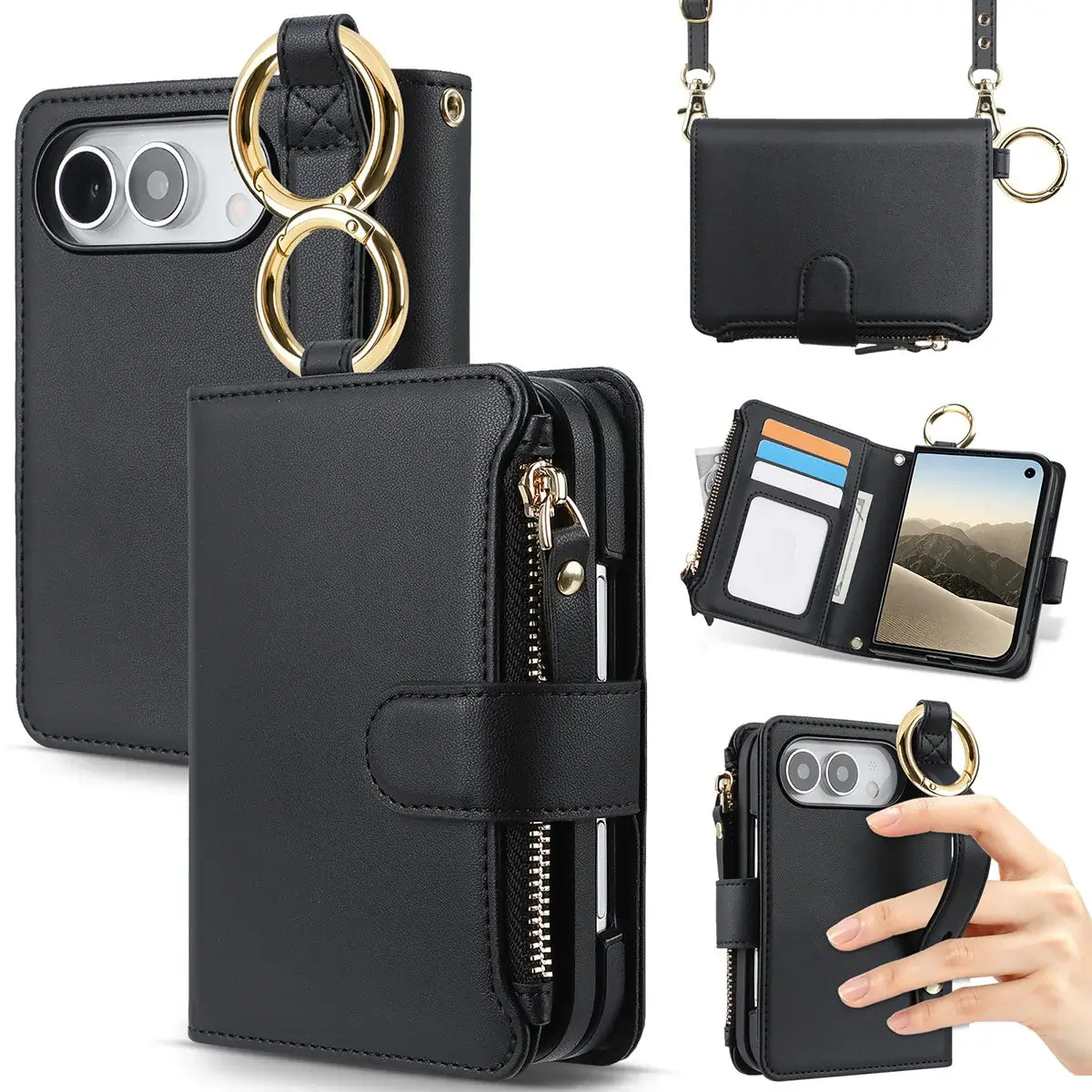 Buy Crossbody Wallet Case with Card Slots, Zipper Pocket & RFID Protection for iPhone Duo - CALLA at Caseles-iPhone Duo, Black