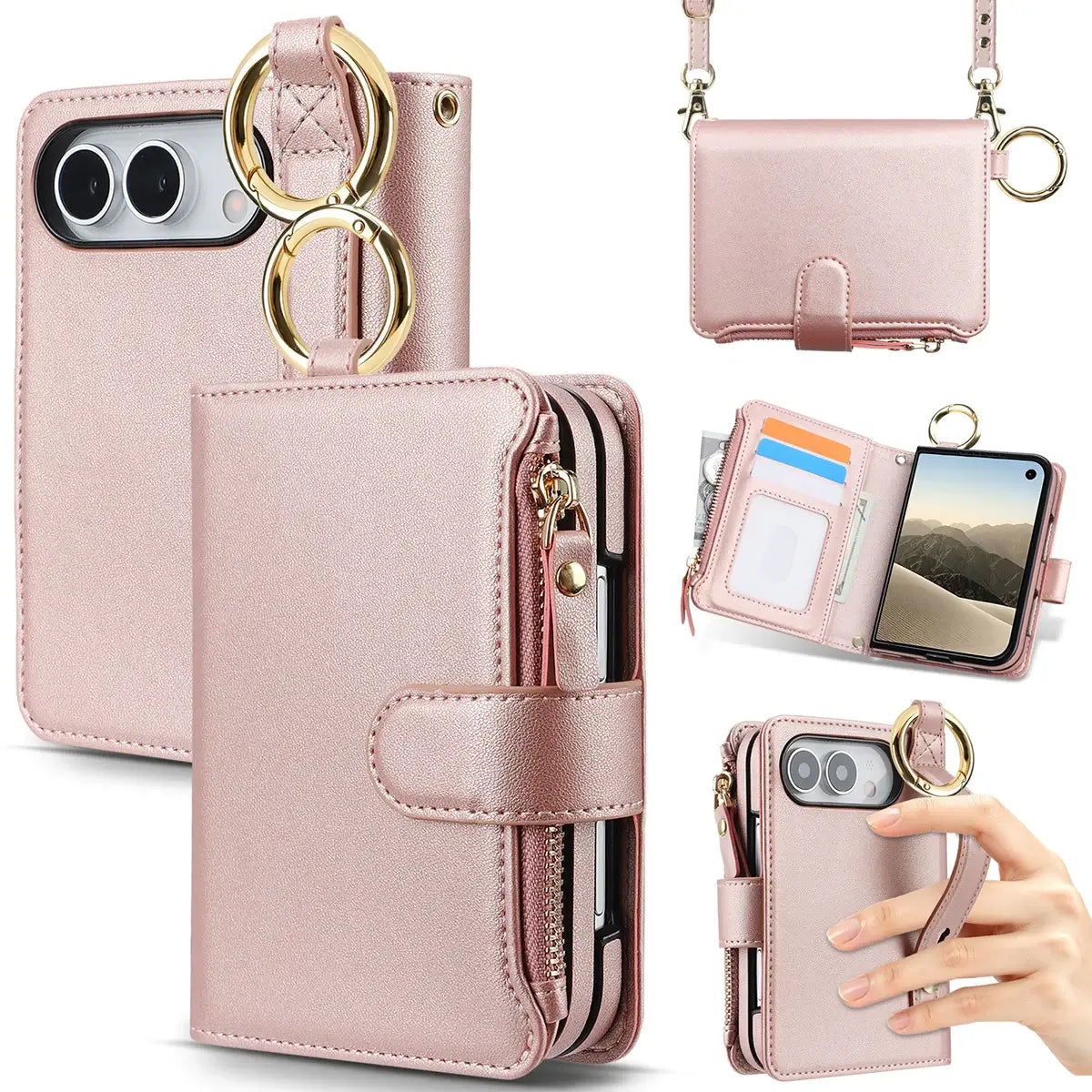 Buy Crossbody Wallet Case with Card Slots, Zipper Pocket & RFID Protection for iPhone Duo - CALLA at Caseles-iPhone Duo, RoseGold