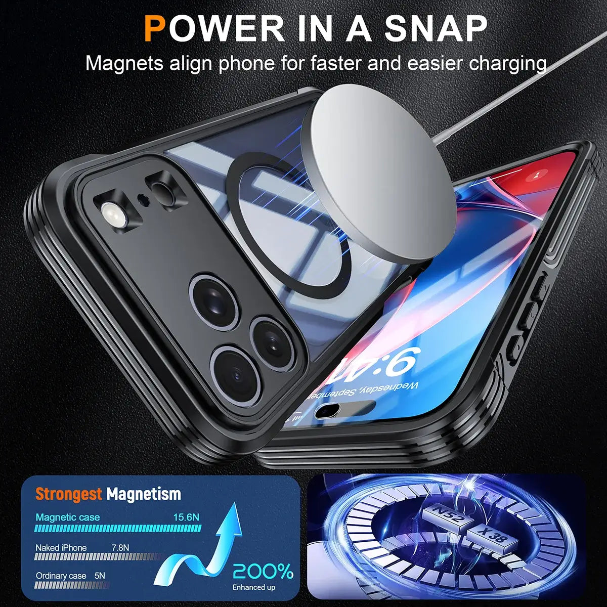 Buy Full-Body Rugged Shield for iPhone Series: 360° Magnetic Case with Built-in 9H+ Screen Protector - AQUA at Caseles-iPhone 18 Pro Max, Black