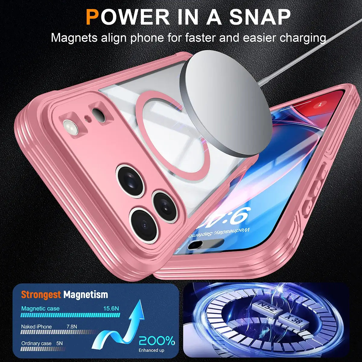 Buy Full-Body Rugged Shield for iPhone Series: 360° Magnetic Case with Built-in 9H+ Screen Protector - AQUA at Caseles-iPhone 18 Pro Max, Black