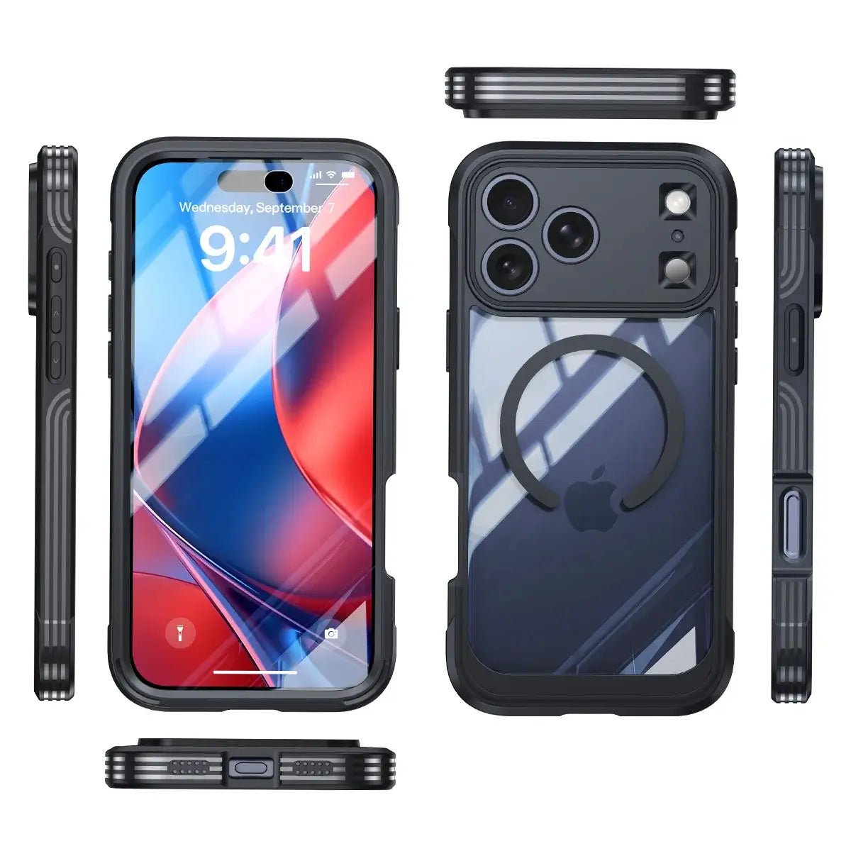 Buy Full-Body Rugged Shield for iPhone Series: 360° Magnetic Case with Built-in 9H+ Screen Protector - AQUA at Caseles-iPhone 18 Pro Max, Black