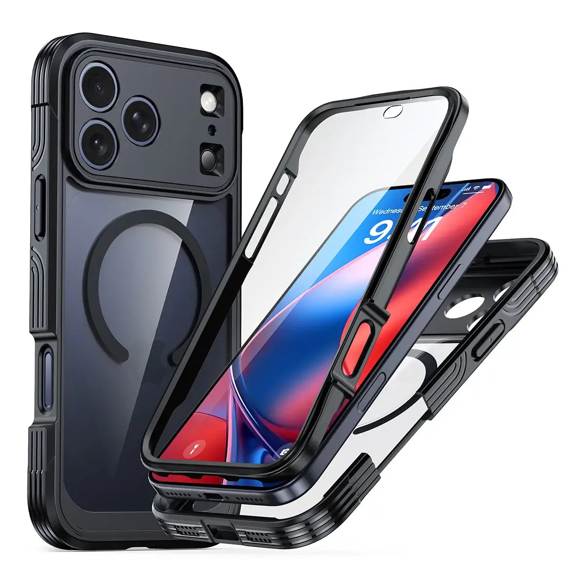 Buy Full-Body Rugged Shield for iPhone Series: 360° Magnetic Case with Built-in 9H+ Screen Protector - AQUA at Caseles-iPhone 18 Pro Max, Black