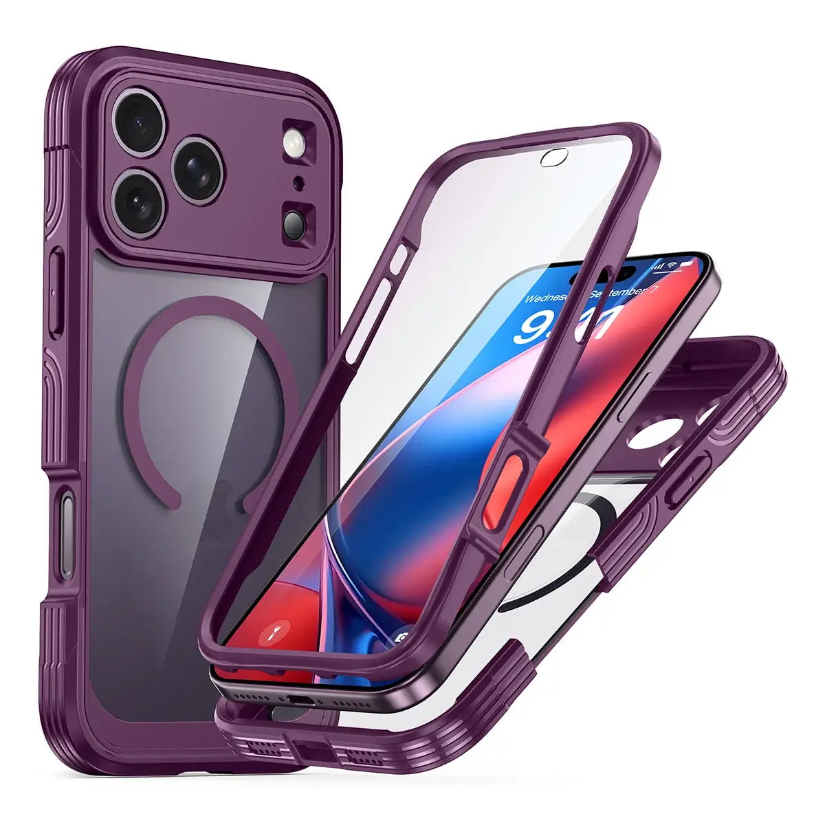 Buy Full-Body Rugged Shield for iPhone Series: 360° Magnetic Case with Built-in 9H+ Screen Protector - AQUA at Caseles-iPhone 18 Pro Max, Burgundy