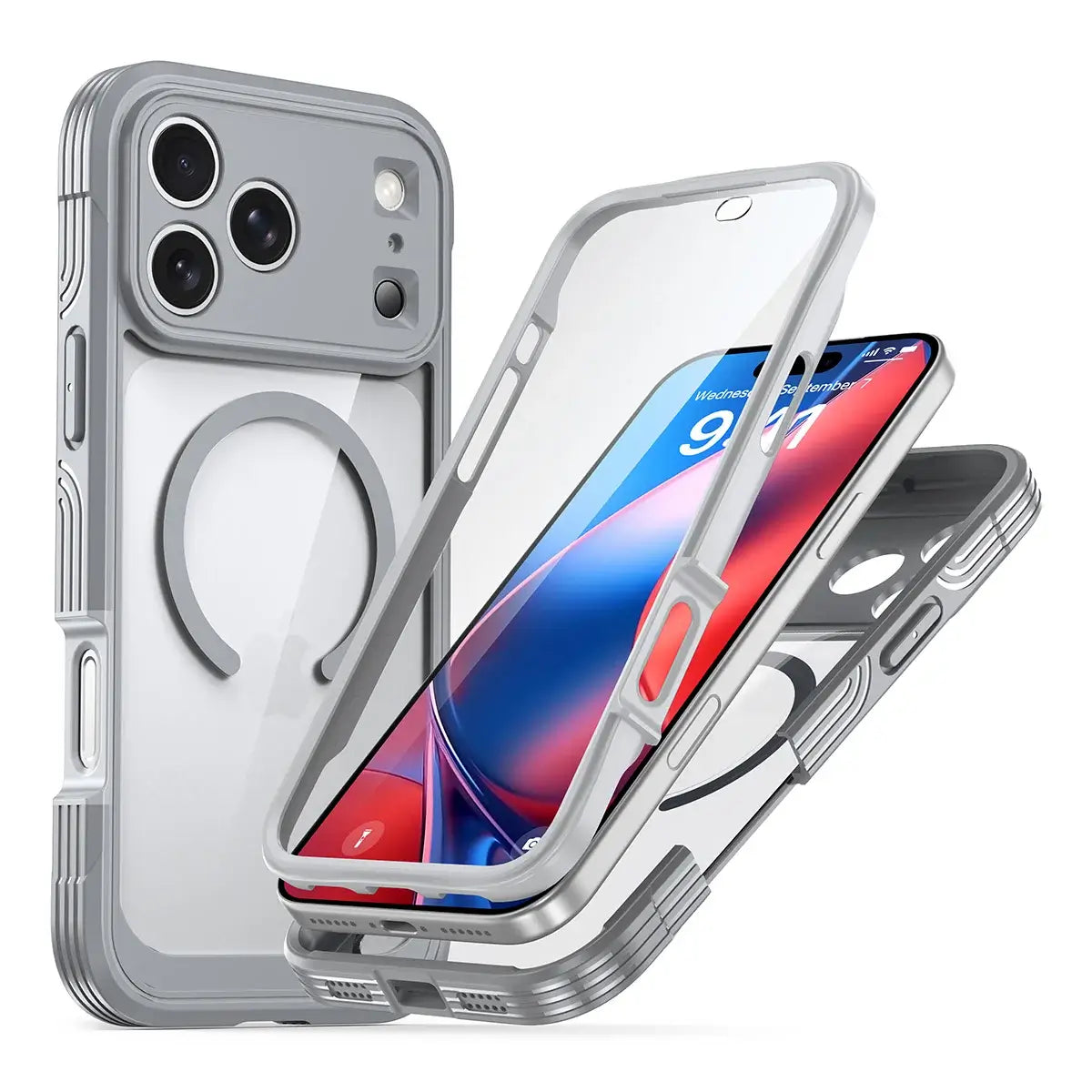 Buy Full-Body Rugged Shield for iPhone Series: 360° Magnetic Case with Built-in 9H+ Screen Protector - AQUA at Caseles-iPhone 18 Pro Max, Gray