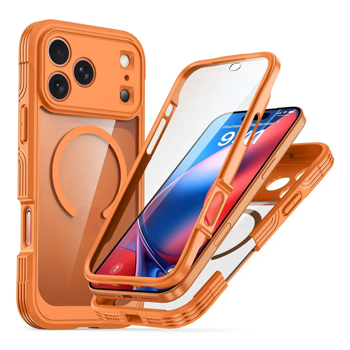Buy Full-Body Rugged Shield for iPhone Series: 360° Magnetic Case with Built-in 9H+ Screen Protector - AQUA at Caseles-iPhone 18 Pro Max, Orange