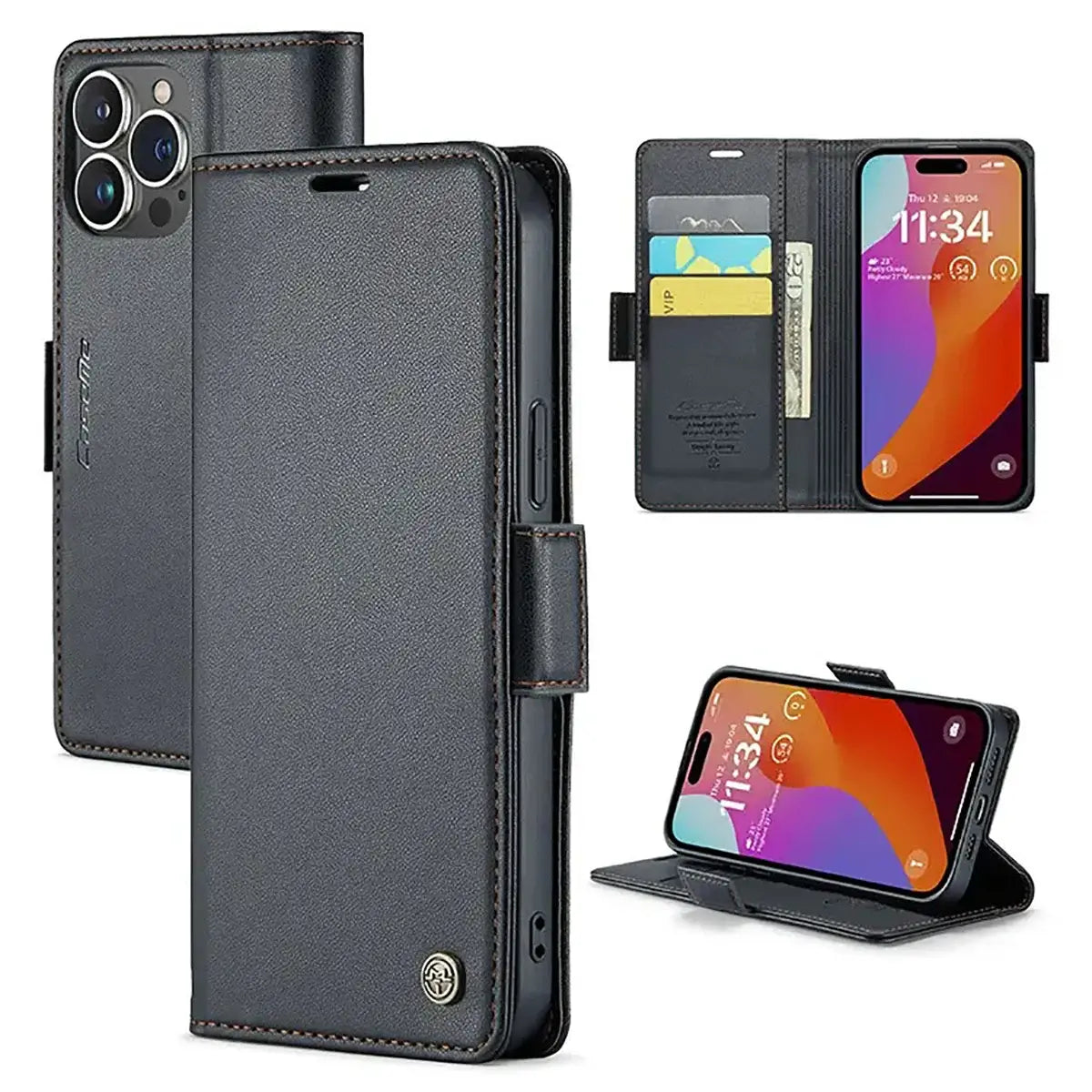 Buy Premium PU Leather Multi-Function Flip iPhone Case with Card Slots, Wallet Pocket, Kickstand, and Full-Body Protection, ARIA at Caseles-iPhone 16 Pro Max, Aria-Black