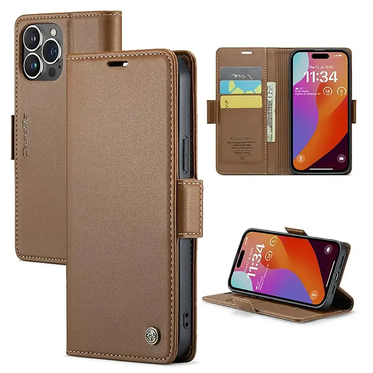 Buy Premium PU Leather Multi-Function Flip iPhone Case with Card Slots, Wallet Pocket, Kickstand, and Full-Body Protection, ARIA at Caseles-iPhone 16 Pro Max, Aria-Coffee