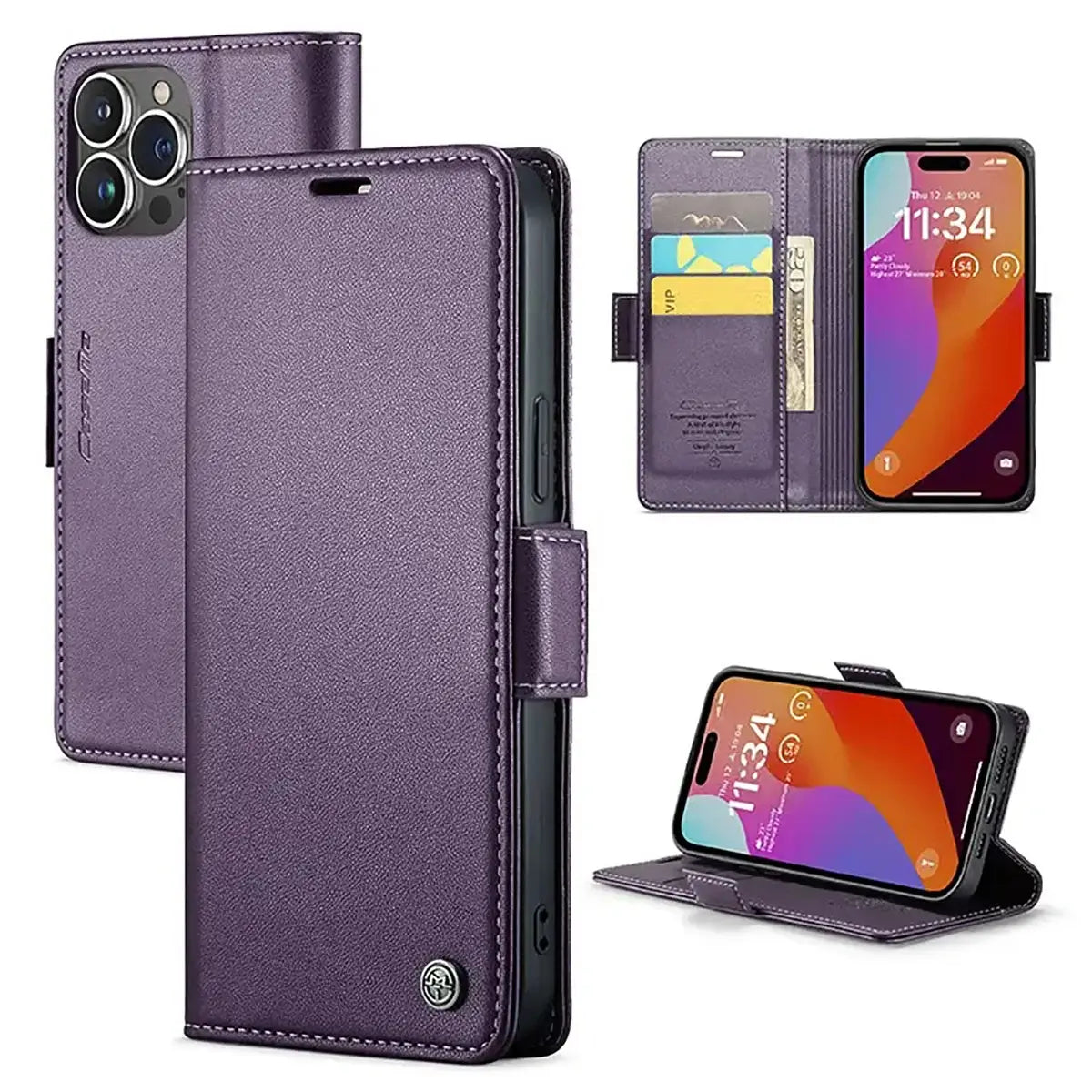 Buy Premium PU Leather Multi-Function Flip iPhone Case with Card Slots, Wallet Pocket, Kickstand, and Full-Body Protection, ARIA at Caseles-iPhone 16 Pro Max, Aria-Purple