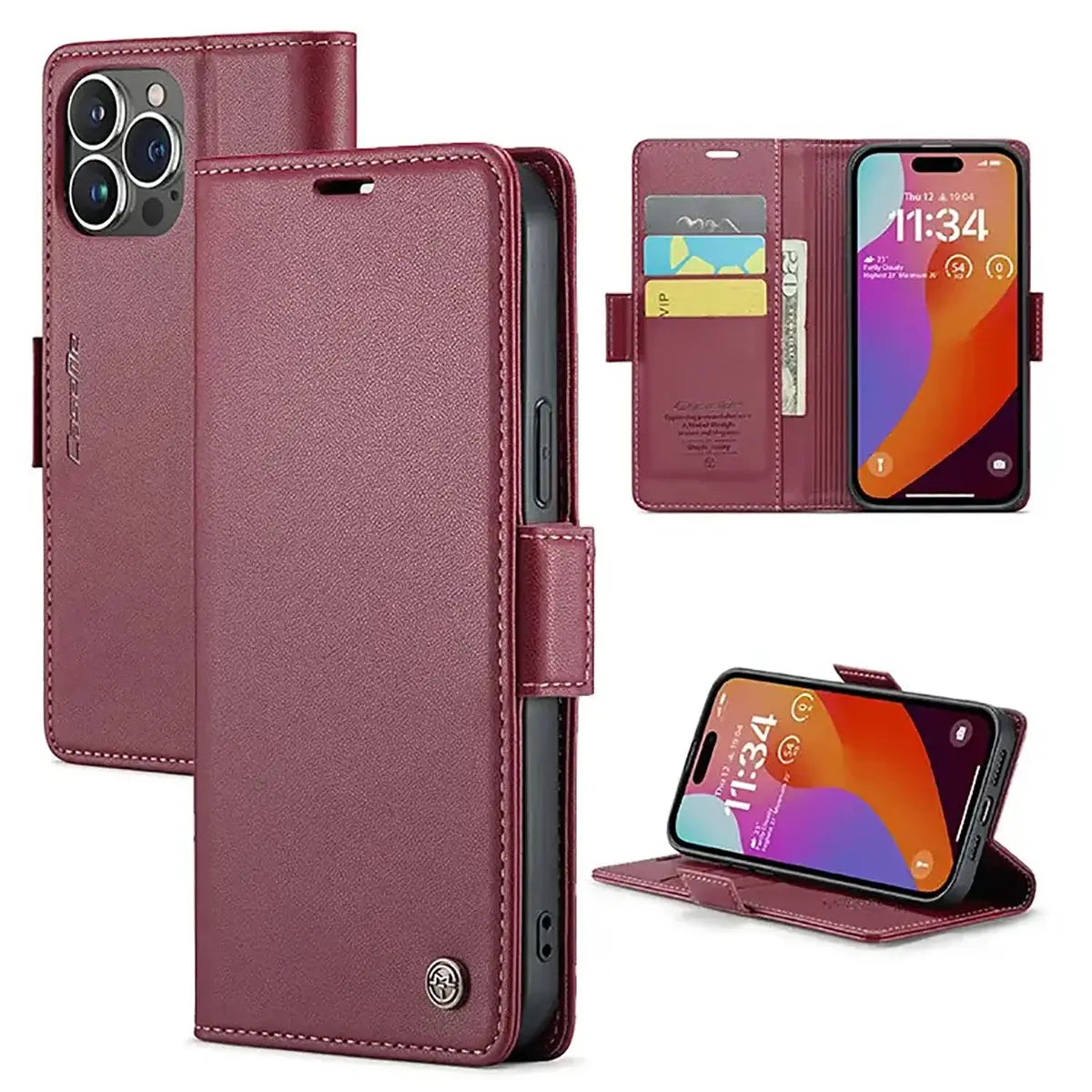 Buy Premium PU Leather Multi-Function Flip iPhone Case with Card Slots, Wallet Pocket, Kickstand, and Full-Body Protection, ARIA at Caseles-iPhone 16 Pro Max, Aria-Red