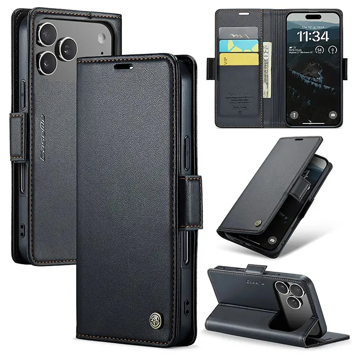 Buy Premium PU Leather Multi-Function Flip iPhone Case with Card Slots, Wallet Pocket, Kickstand, and Full-Body Protection, ARIA at Caseles-iPhone 17 Pro Max, Aria-Black