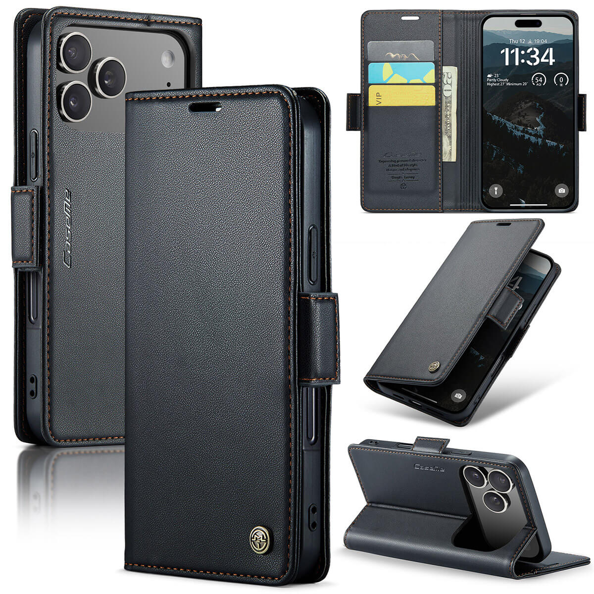 Buy Premium PU Leather Multi-Function Flip iPhone Case with Card Slots, Wallet Pocket, Kickstand, and Full-Body Protection, ARIA at Caseles-iPhone 17 Pro Max, Aria-Black