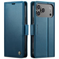 Buy Premium PU Leather Multi-Function Flip iPhone Case with Card Slots, Wallet Pocket, Kickstand, and Full-Body Protection, ARIA at Caseles-iPhone 17 Pro Max, Aria-Blue