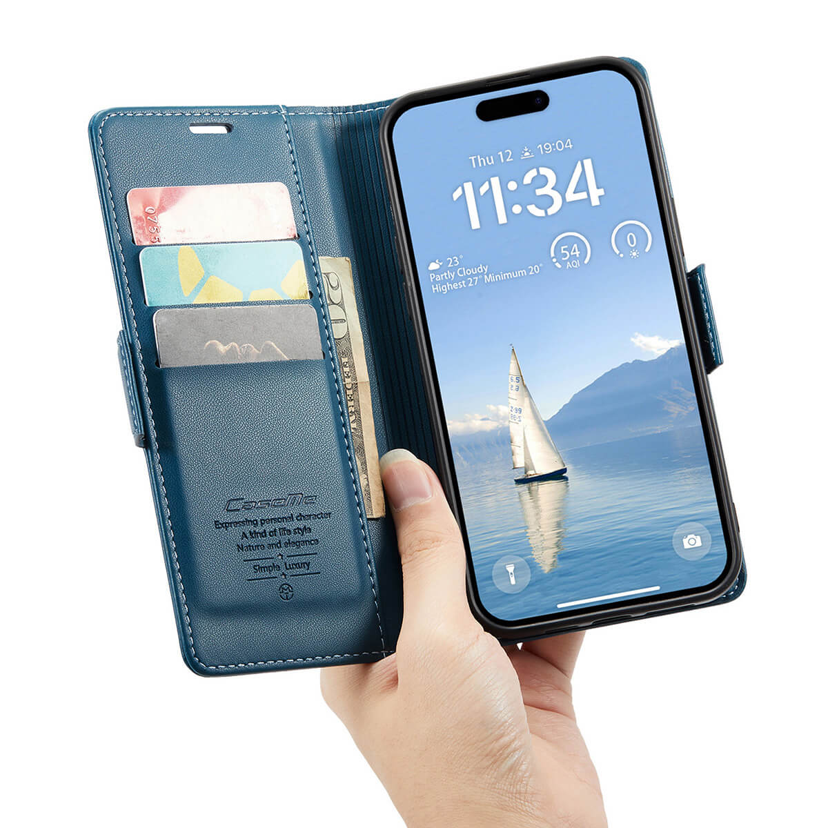 Buy Premium PU Leather Multi-Function Flip iPhone Case with Card Slots, Wallet Pocket, Kickstand, and Full-Body Protection, ARIA at Caseles-iPhone 17 Pro Max, Aria-Blue