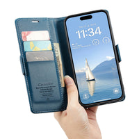 Buy Premium PU Leather Multi-Function Flip iPhone Case with Card Slots, Wallet Pocket, Kickstand, and Full-Body Protection, ARIA at Caseles-iPhone 17 Pro Max, Aria-Blue
