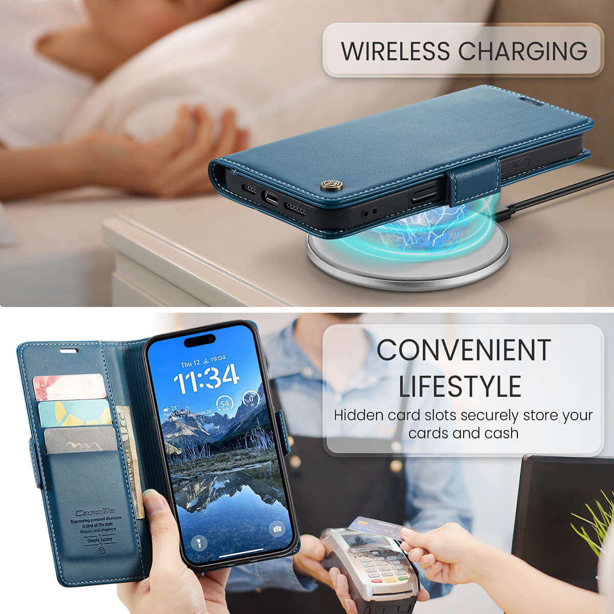 Buy Premium PU Leather Multi-Function Flip iPhone Case with Card Slots, Wallet Pocket, Kickstand, and Full-Body Protection, ARIA at Caseles-iPhone 17 Pro Max, Aria-Blue