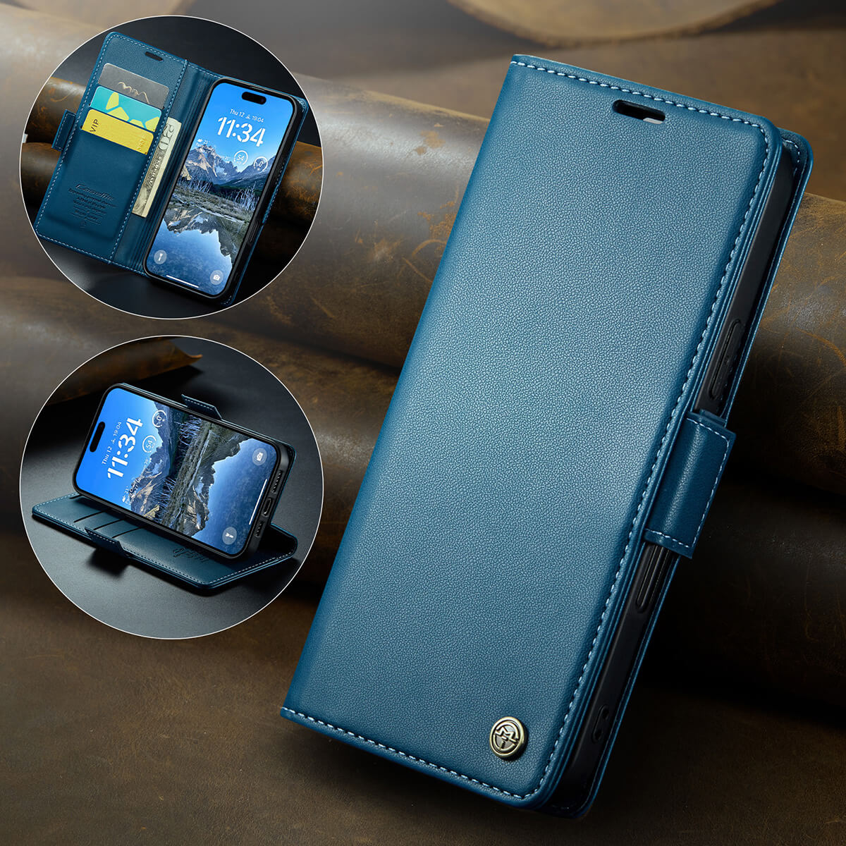 Buy Premium PU Leather Multi-Function Flip iPhone Case with Card Slots, Wallet Pocket, Kickstand, and Full-Body Protection, ARIA at Caseles-iPhone 17 Pro Max, Aria-Blue