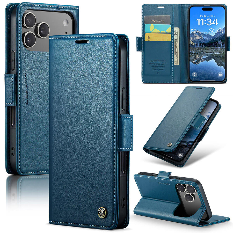 Buy Premium PU Leather Multi-Function Flip iPhone Case with Card Slots, Wallet Pocket, Kickstand, and Full-Body Protection, ARIA at Caseles-iPhone 17 Pro Max, Aria-Blue