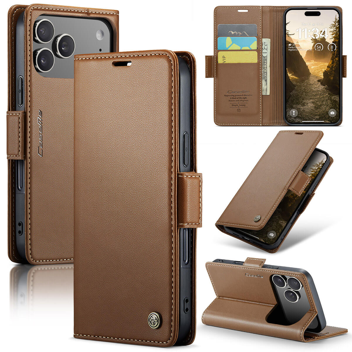 Buy Premium PU Leather Multi-Function Flip iPhone Case with Card Slots, Wallet Pocket, Kickstand, and Full-Body Protection, ARIA at Caseles-iPhone 17 Pro Max, Aria-Coffee
