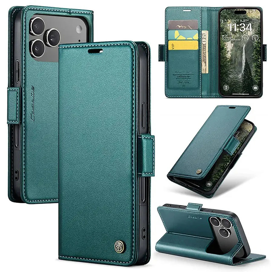 Buy Premium PU Leather Multi-Function Flip iPhone Case with Card Slots, Wallet Pocket, Kickstand, and Full-Body Protection, ARIA at Caseles-iPhone 17 Pro Max, Aria-Green