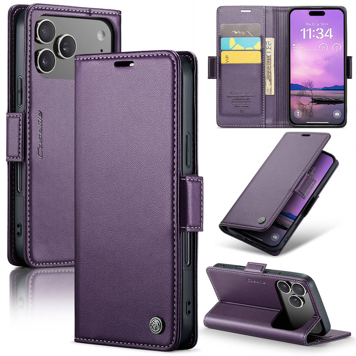Buy Premium PU Leather Multi-Function Flip iPhone Case with Card Slots, Wallet Pocket, Kickstand, and Full-Body Protection, ARIA at Caseles-iPhone 17 Pro Max, Aria-Purple