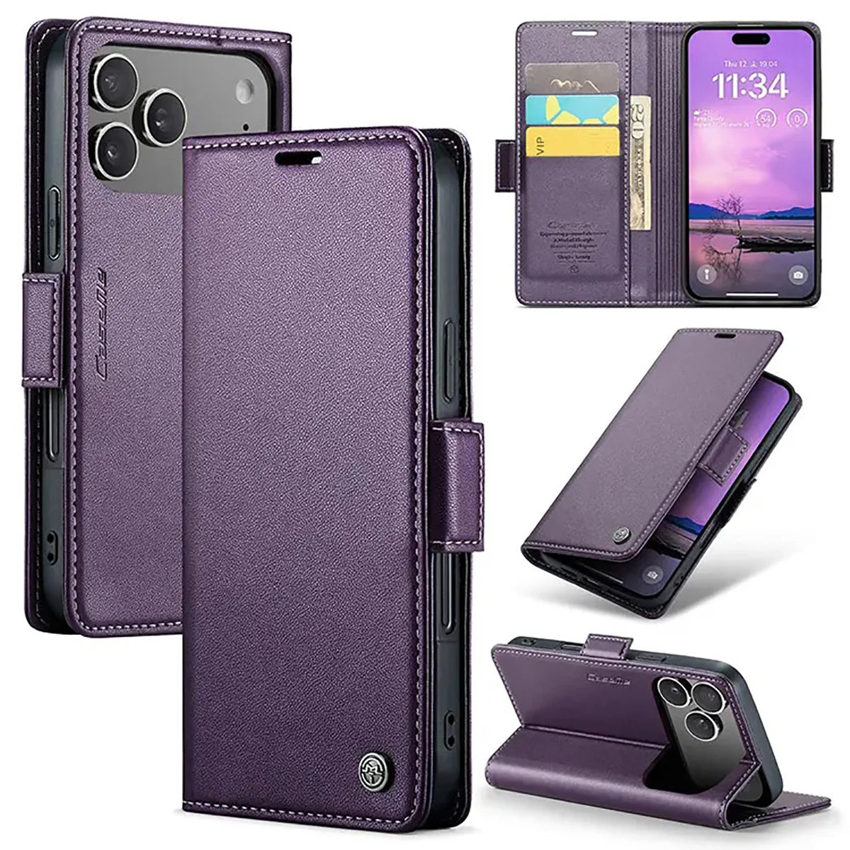 Buy Premium PU Leather Multi-Function Flip iPhone Case with Card Slots, Wallet Pocket, Kickstand, and Full-Body Protection, ARIA at Caseles-iPhone 17 Pro Max, Aria-Purple