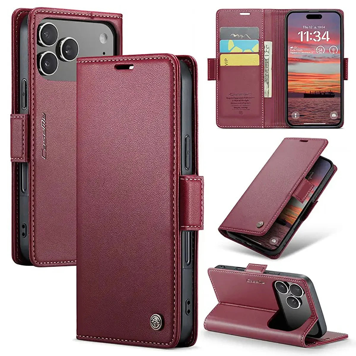 Buy Premium PU Leather Multi-Function Flip iPhone Case with Card Slots, Wallet Pocket, Kickstand, and Full-Body Protection, ARIA at Caseles-iPhone 17 Pro Max, Aria-Red
