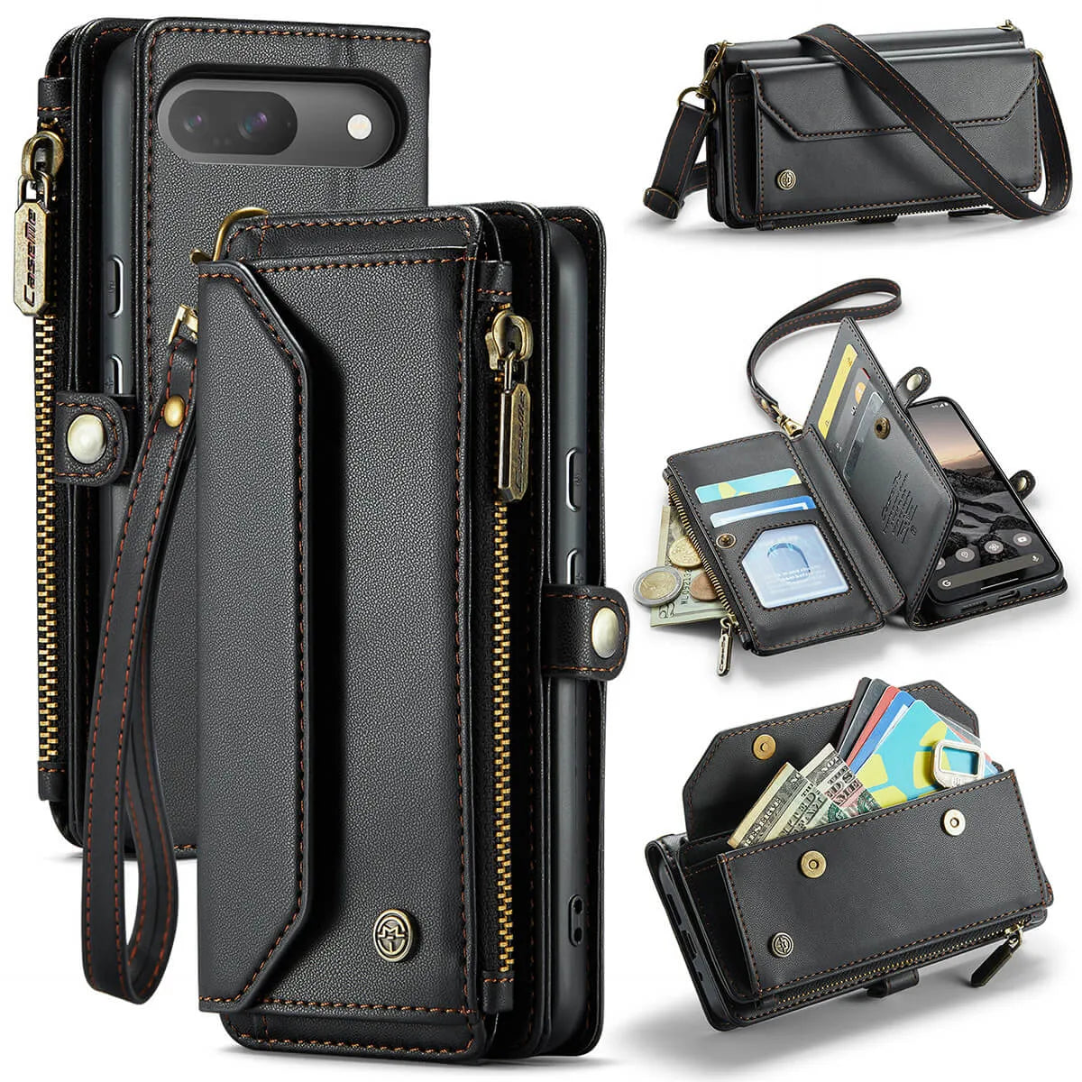 Buy Zipper Wallet Phone Case, RFID Blocking, Leather, Card Slots, for google pixel, Arora at Caseles-Google Pixel 9 Pro Fold, Aurora-Black