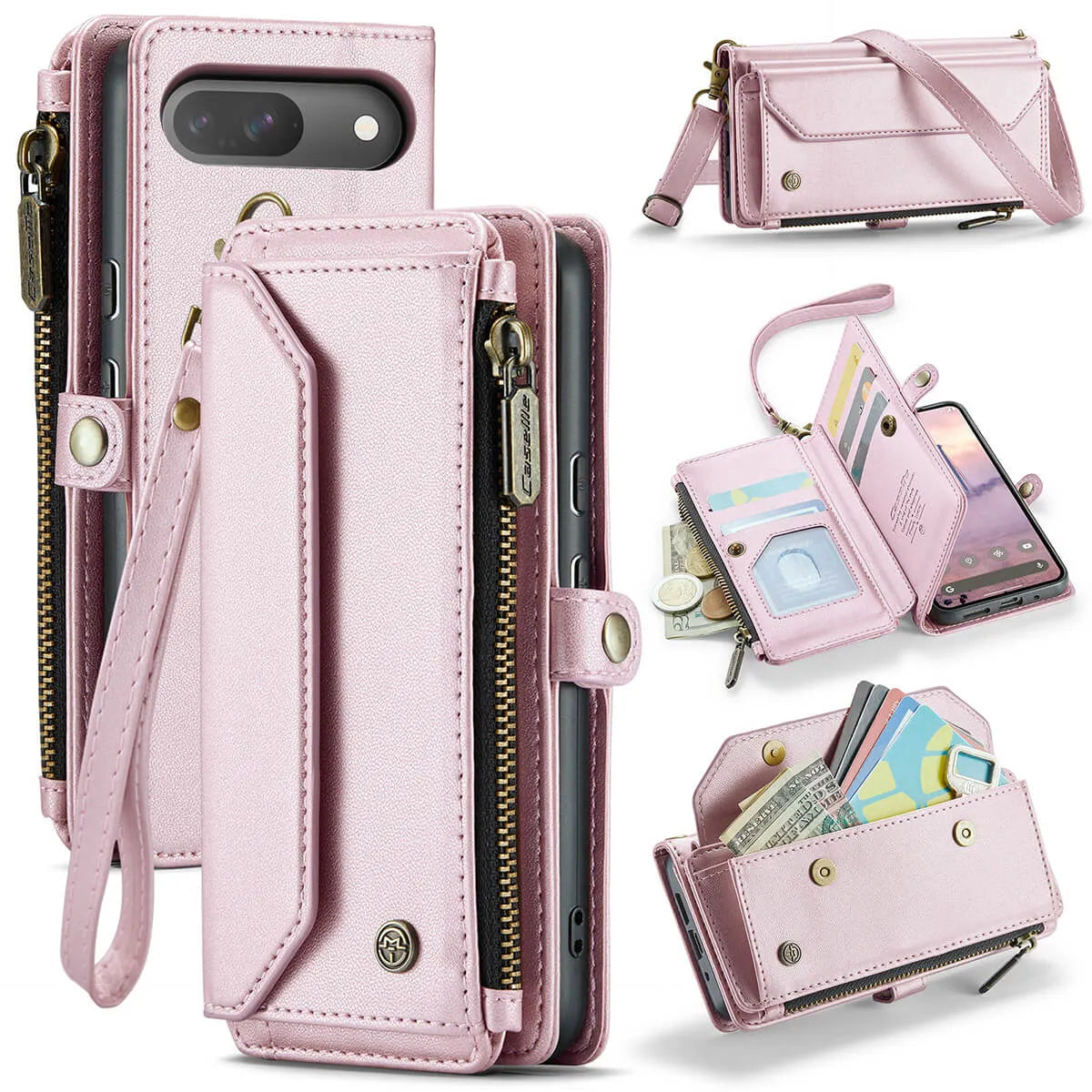Buy Zipper Wallet Phone Case, RFID Blocking, Leather, Card Slots, for google pixel, Arora at Caseles-Google Pixel 9 Pro Fold, Aurora-Pink