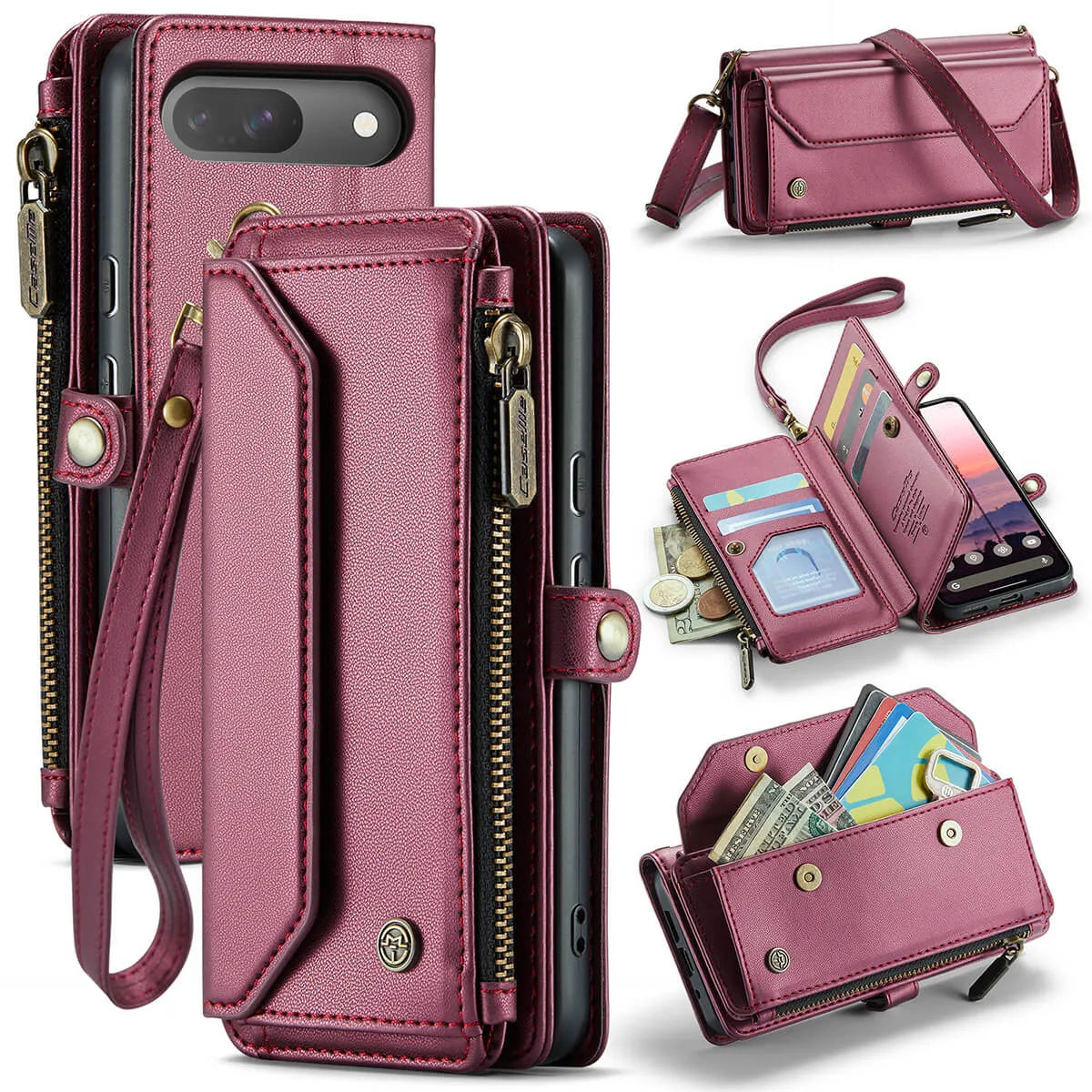 Buy Zipper Wallet Phone Case, RFID Blocking, Leather, Card Slots, for google pixel, Arora at Caseles-Google Pixel 9 Pro Fold, Aurora-Red