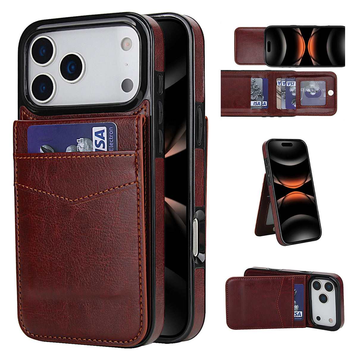 Buy Classic 5-6 Card Slots Wallet Phone Case, Premium Leather, Credit Card Holder, Flip, Kickstand Shockproof Case,Asher at Caseles-iPhone 17 Pro Max, Asher-Brown