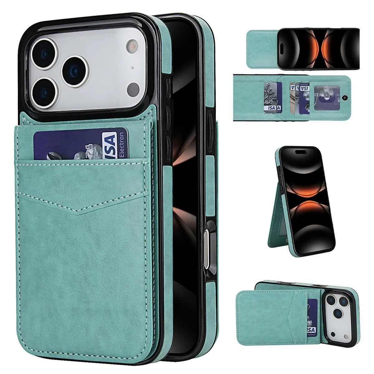 Buy Classic 5-6 Card Slots Wallet Phone Case, Premium Leather, Credit Card Holder, Flip, Kickstand Shockproof Case,Asher at Caseles-iPhone 17 Pro Max, Athena-Green